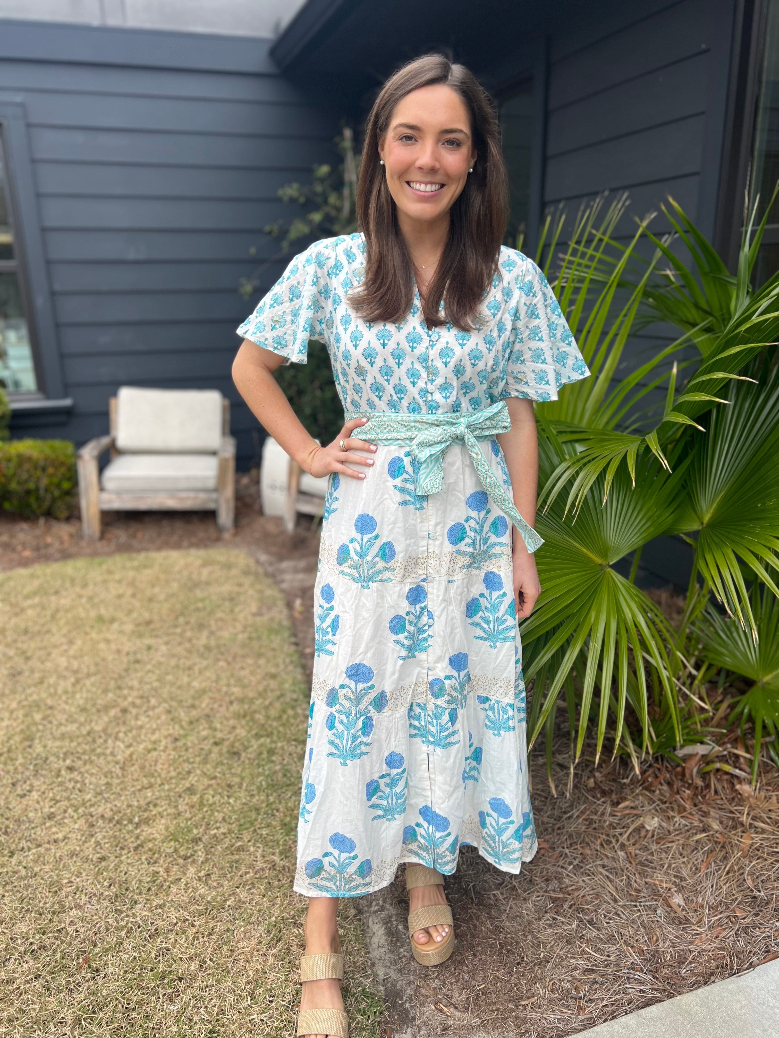 Darlington isle trunk show white turquoise mixed block dress | Mulberry & King