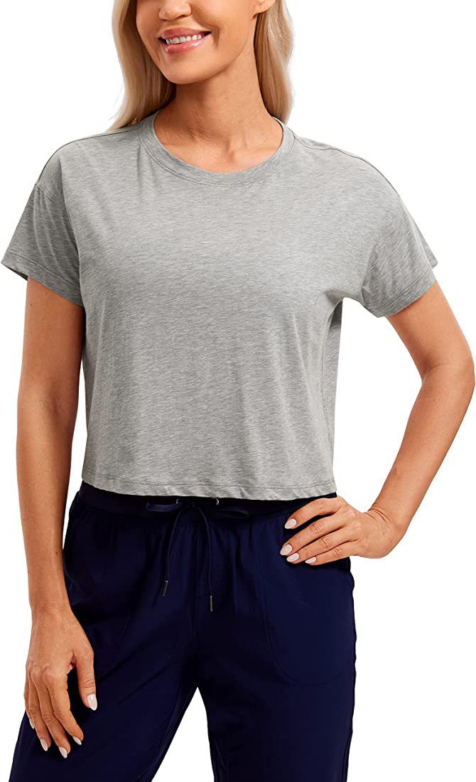 CRZ YOGA Women's Pima Cotton Workout Short Sleeve Shirts Loose Crop Tops Athletic Gym Shirt Casua... | Amazon (US)