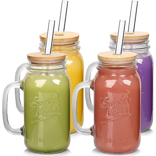 ANOTION Mason Jars Tumbler with Handle - Glass Cups with Lids and Straws Drinking Glasses Coffee Mug Glasses Drinking Set Iced Coffee Cup Smoothie Cup Tea Cup Travel Coffee Mug Water Cup | Amazon (US)