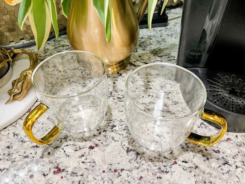 Double Wall Glass Coffee Mug with Gold Metallic Handle (16oz) - Set of 2 | Coffee Cup | Coffee Lo... | Etsy (US)
