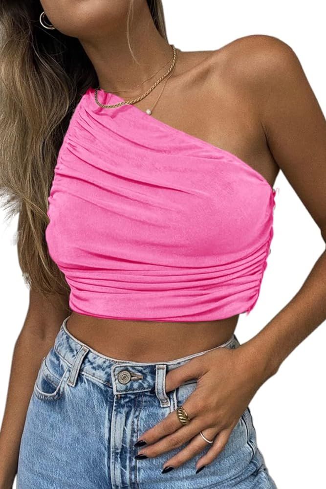 CHYRII Women's Sexy Sparkly One Shoulder Crop Tops Sleeveless Ruched Tank Tops | Amazon (US)