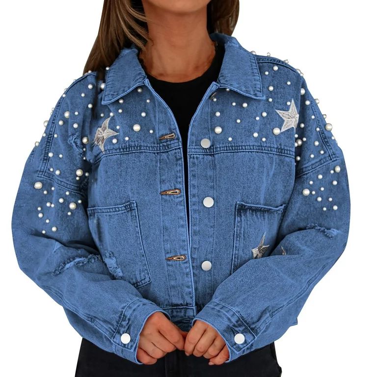 mveomtd Women's Long Pearl Beaded Denim Jacket Ripped Star Embroidered Denim Jacket Outerwear plu... | Walmart (US)