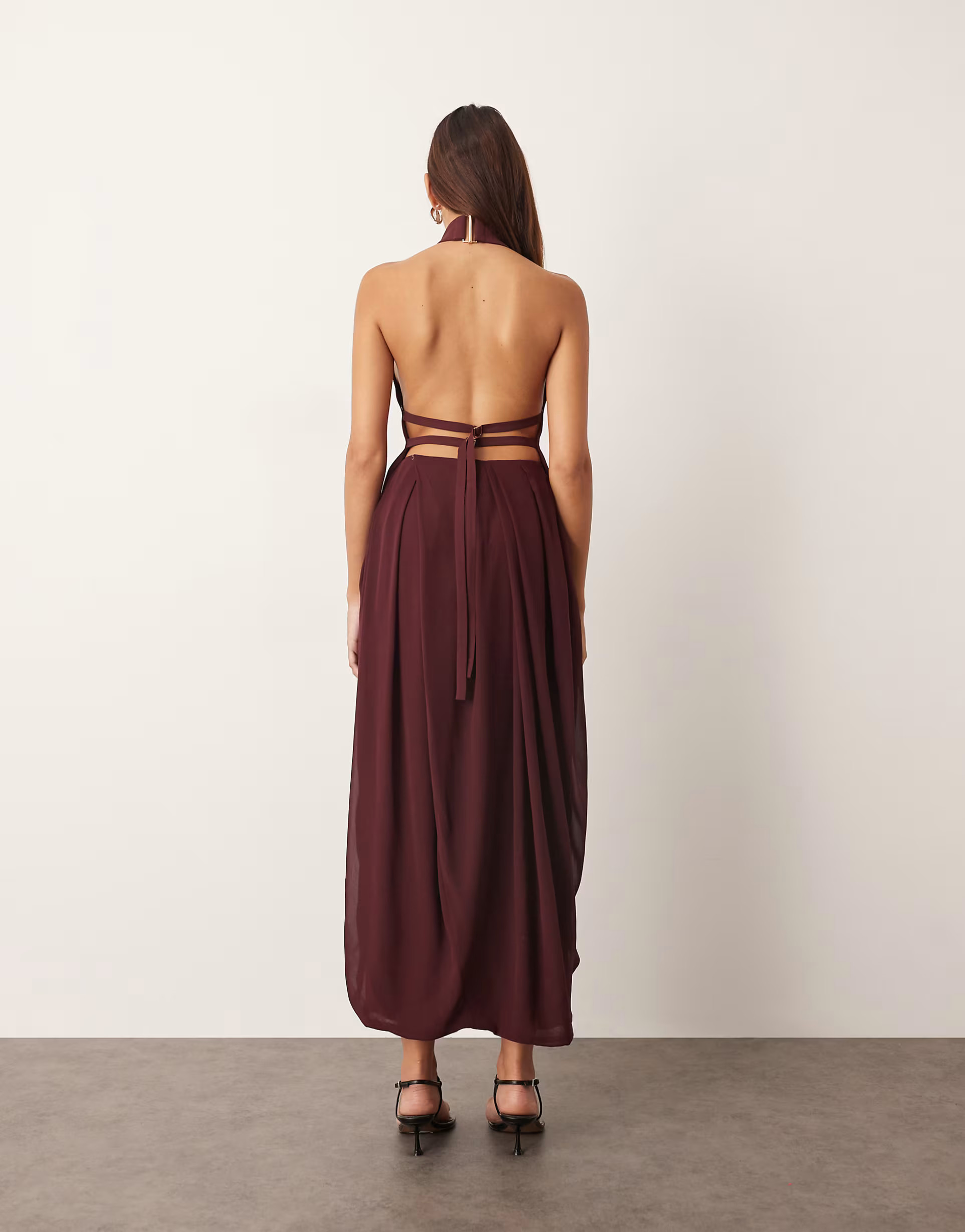 ARRANGE hybrid halter drape hem midi dress with open back in burgundy | ASOS (Global)