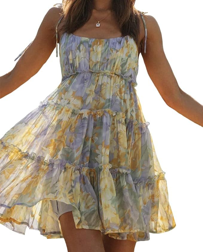 Mansy Womens 2024 Summer Floral Mini Dress Boho Flowy Skater Dresses Short Sleeveless Ruffle Spag... | Amazon (US)