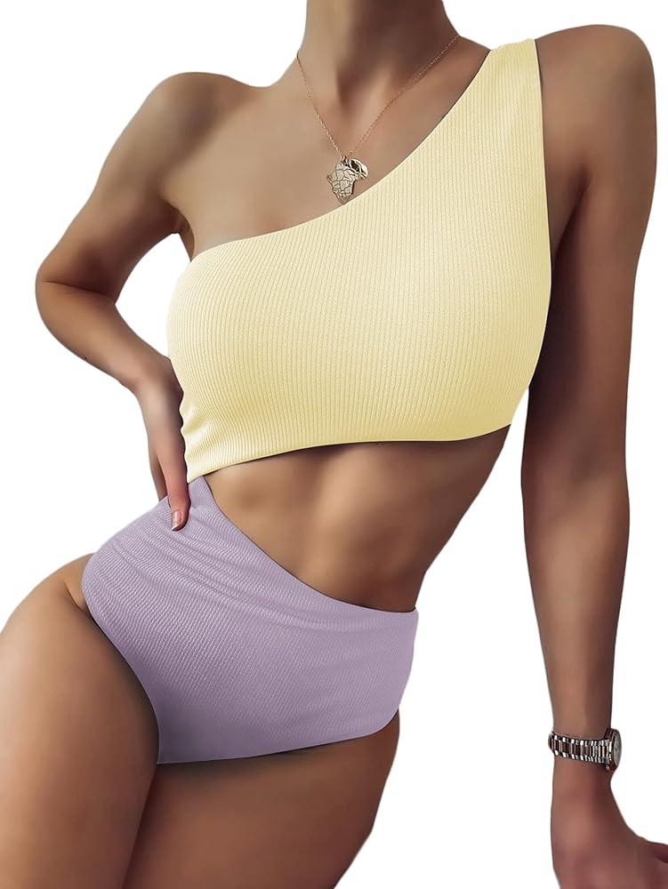 Verdusa Women's One Shoulder Two Tone Colorblock Monokini One Piece Swimsuit | Amazon (US)