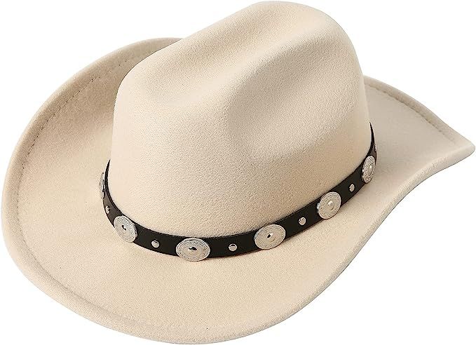 Lanzom Women Men Western Cowboy Cowgirl Hat Fedora Outdoor Felt Wide Brim Hat with Belt Buckle | Amazon (US)