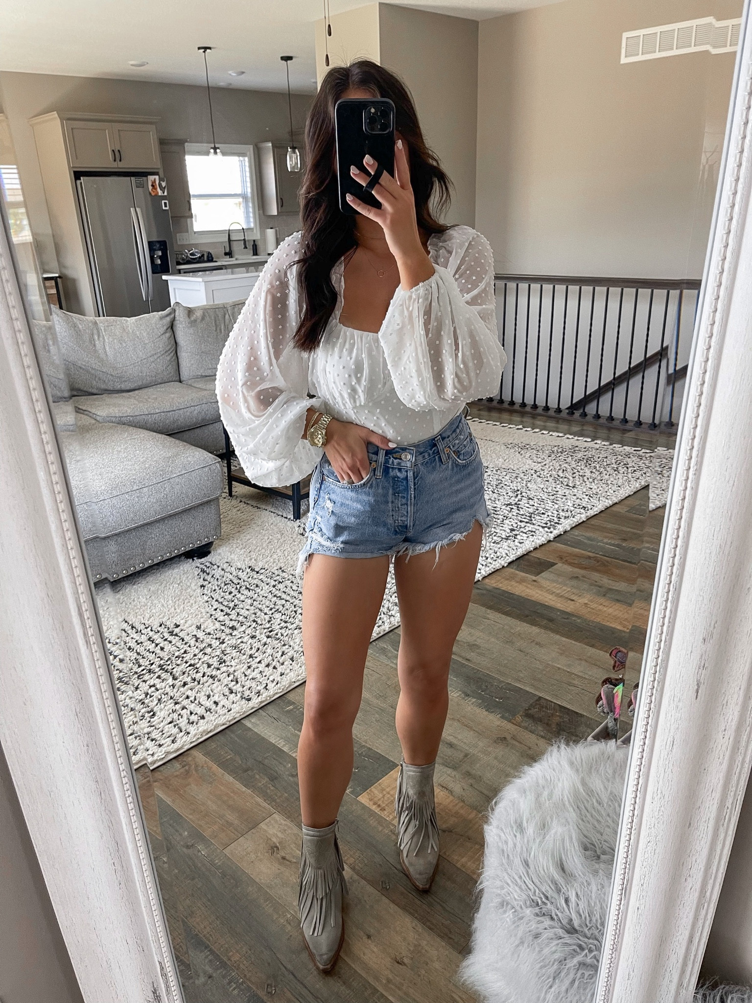 casual outfits for the bride 🤍

swiss dot top | white crop top | denim cutoffs | high waisted denim shorts | fringe booties | fringe boots | western boots 



#LTKstyletip #LTKunder50 #LTKunder100