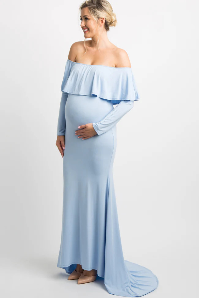 PinkBlush Light Blue Off Shoulder Ruffle Maternity Photoshoot Gown/Dress | PinkBlush Maternity