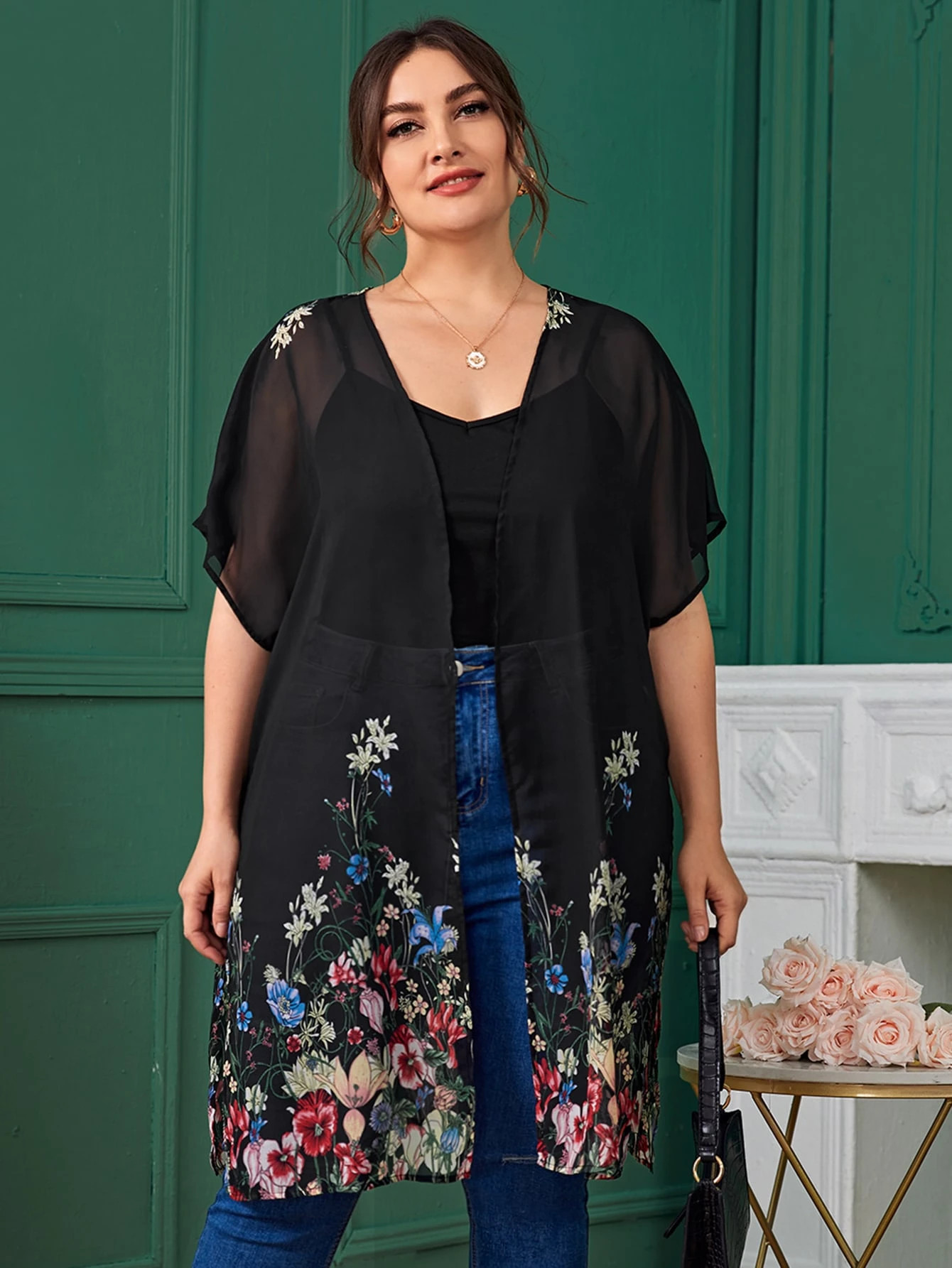 SHEIN Plus Floral Sheer Kimono | SHEIN