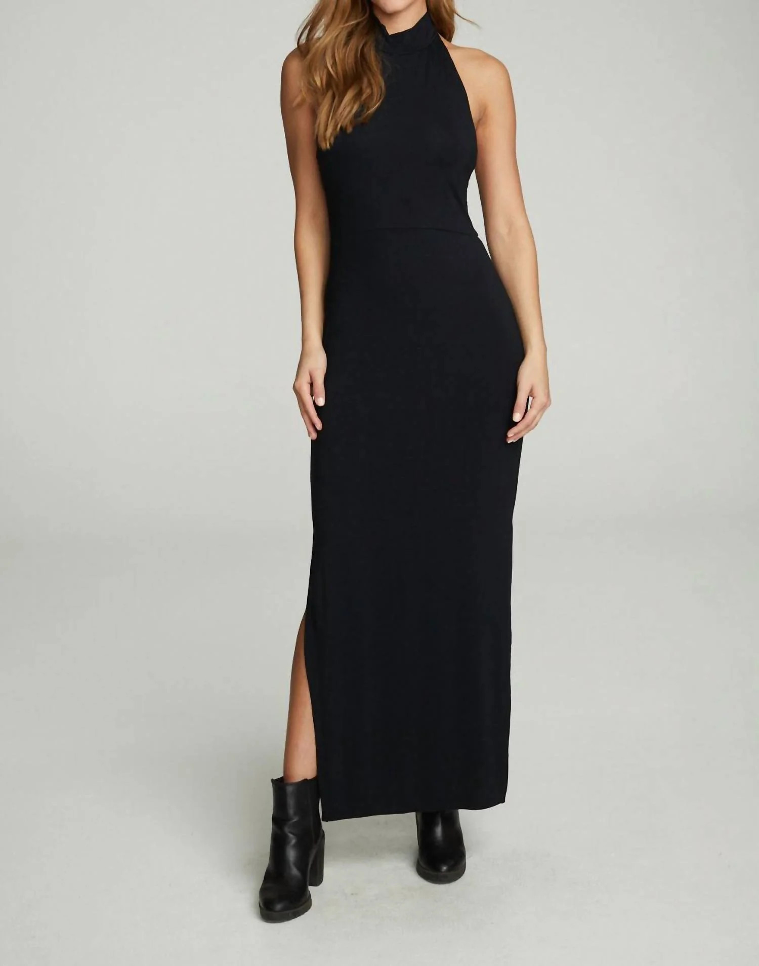 Open Back Side Slit Maxi Dress In True Black | Shop Simon