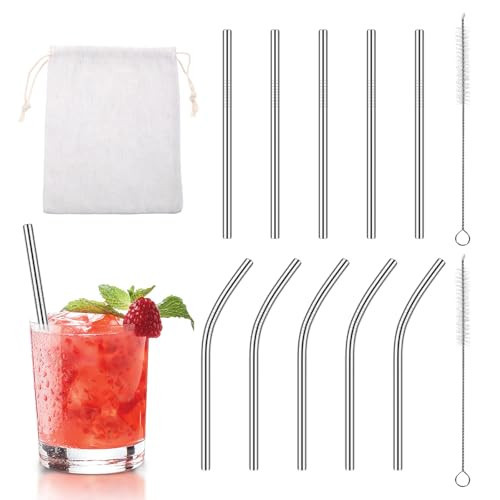 10 Pack Short Metal Straws Reusable Stainless Steel Straws 5 Straight 5 Bent 5 Inch Cocktails Straws Drinking Straws with 2 Cleaning Brush for Coffee Mugs, Small Glasses or Cups | Amazon (US)