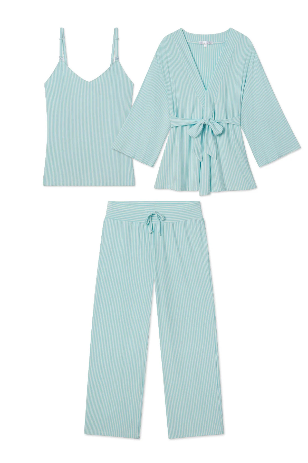 Maternity DreamModal® Kimono Three-Piece Set in Salt Spray Pencil Stripe - S | Lake Pajamas