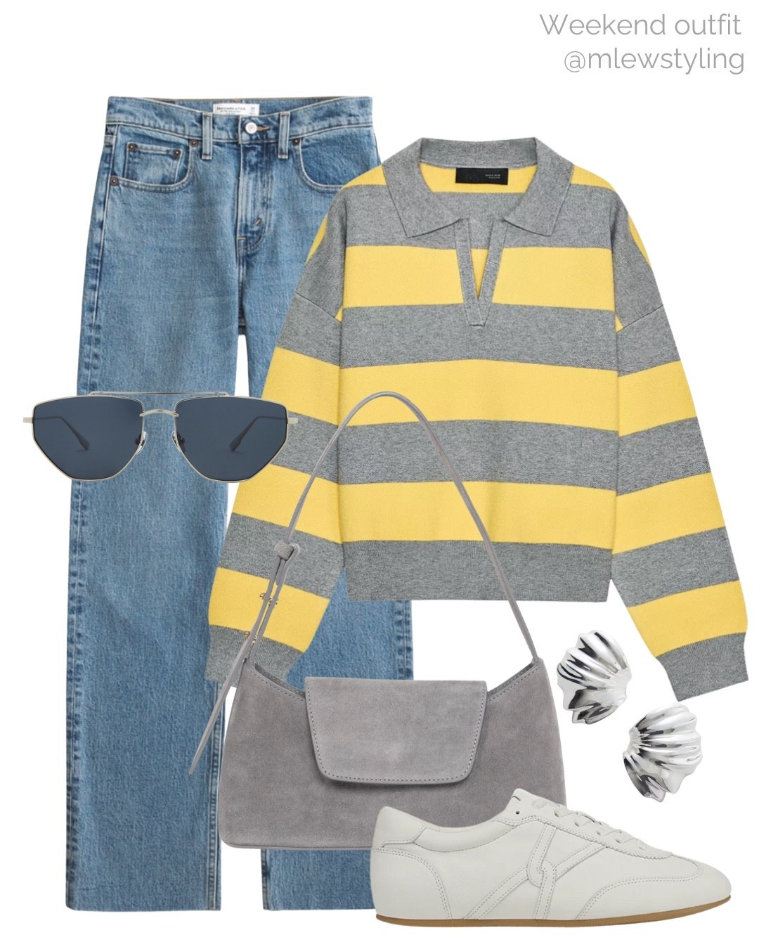 Fall outfit with a striped polo sweater 🩶

Tags: new in Zara knit, Abercrombie jeans, Elleme grey suede bag, Veronica beard white sneakers, Devon Windsor aviator sunglasses, back to school, autumn outfit, weekend look

#LTKShoeCrush #LTKStyleTip #LTKItBag