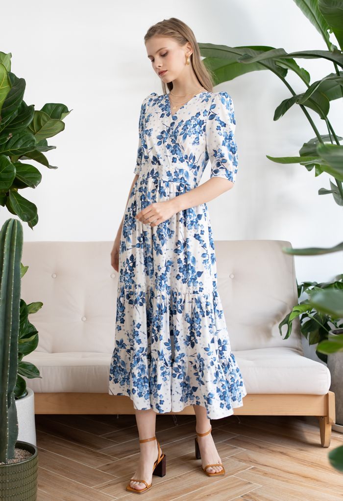 Blue Floral Printed Wrap Frilling Dress | Chicwish