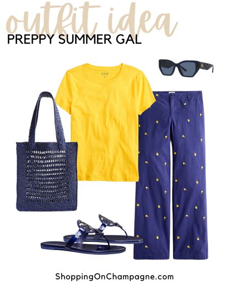 Preppy summer outfit idea! It all starts with a pair of embroidered chino pants. Add a bold yellow t-shirt, and finish the look with a navy bag, sandals, and sunglasses from Tory Burch.



#LTKstyletip #LTKtravel #LTKSeasonal