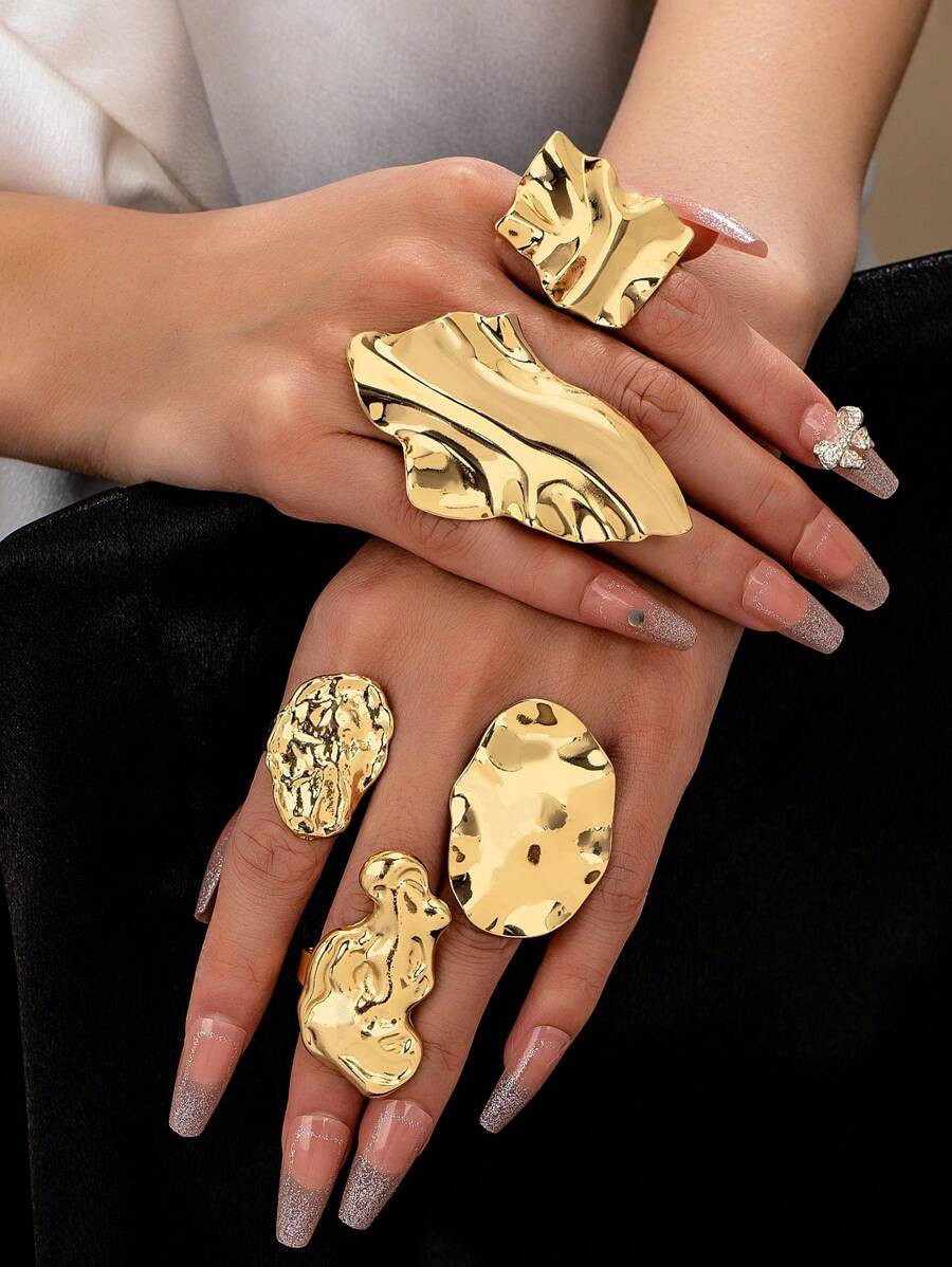 5 Pcs Golden Color Abstract Wrinkled Metal Statement Rings Set Women Chunky Ring Jewelry , Stacke... | SHEIN