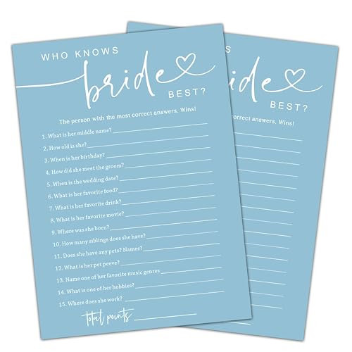 Cazhes Minimalist Bridal Shower Games, 30 Light Blue Who Knows The Bride Best, Wedding Bachelorette Engagement Party Decorations Supplies Favors - A05 | Amazon (US)