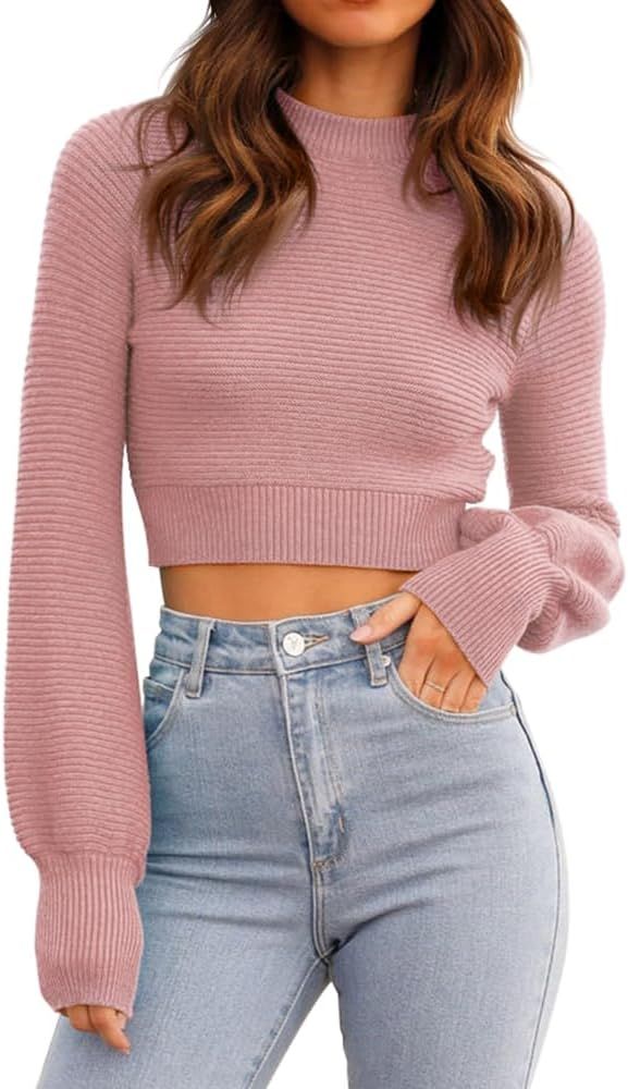 GeGekoko Womens Sexy Crew Neck Cropped Sweaters Ribbed Knit Long Sleeve Crop Tops Pullover | Amazon (US)