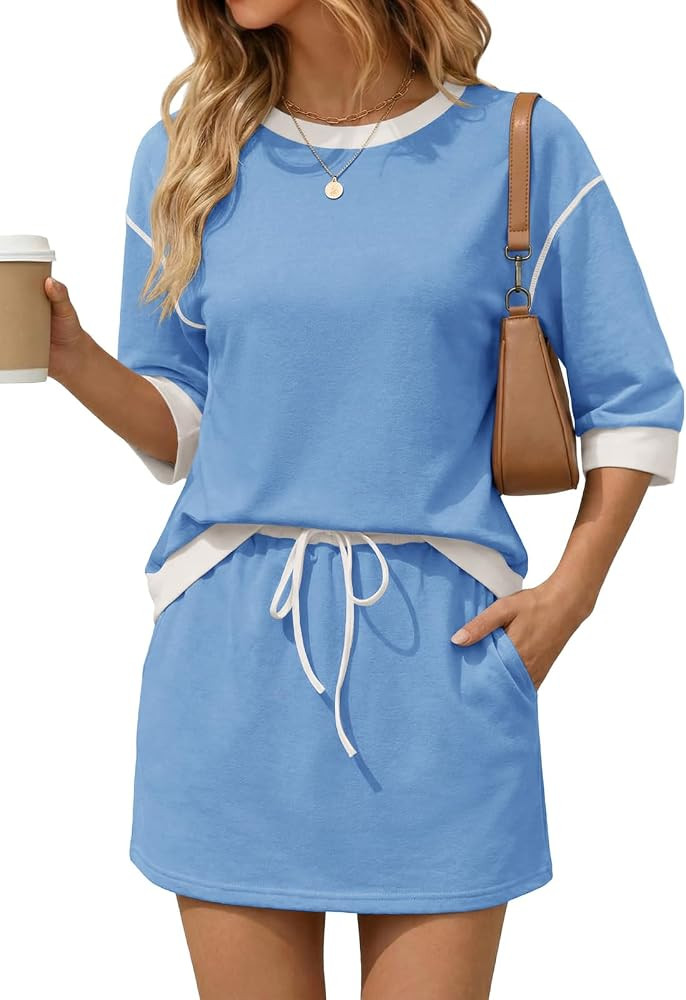 Tankaneo Womens Skirt Set 2 Piece Outfits Casual Sweatshirt Skort Set 3/4 Sleeve Color Block Matc... | Amazon (US)