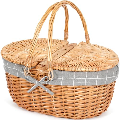Happypicnic Wicker Picnic Basket with Handle, 15" Large Empty Picnic Basket with Lid & Removable Liner, Vintage Hand Woven Basket for Picnics, Camping, Veg Picking, Mother's Day, Thanksgiving (Check) | Amazon (US)