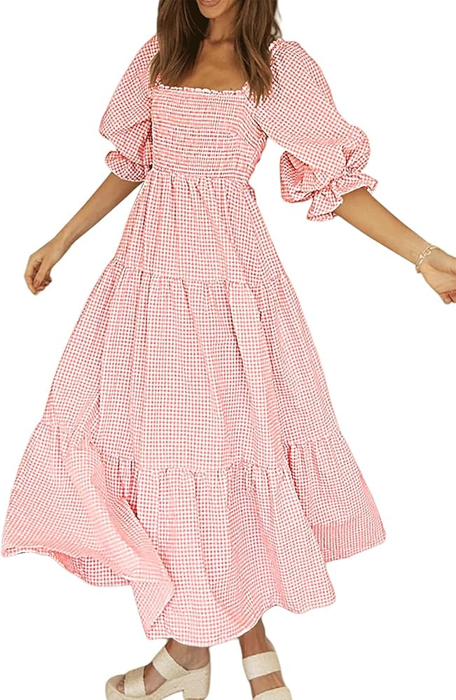 R.Vivimos Women's Summer Cotton Plaid Puff Sleeves Bow Casual Off-Shoulder Boho Midi Dress | Amazon (US)