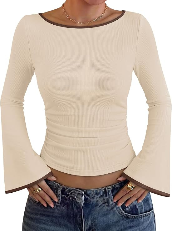WIHOLL Bell Sleeve Tops for Women Boat Neck Ruched Ribbed Long Sleeve Fall Shirts for Women 2026 | Amazon (US)
