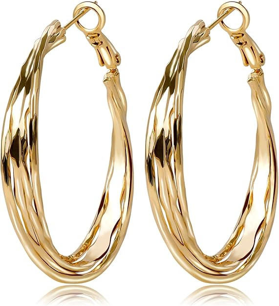 Golden Hoop Earrings For Women The Twisted Close-Fitting Hoop Shape Is Crafted With Gold-Plated M... | Amazon (US)