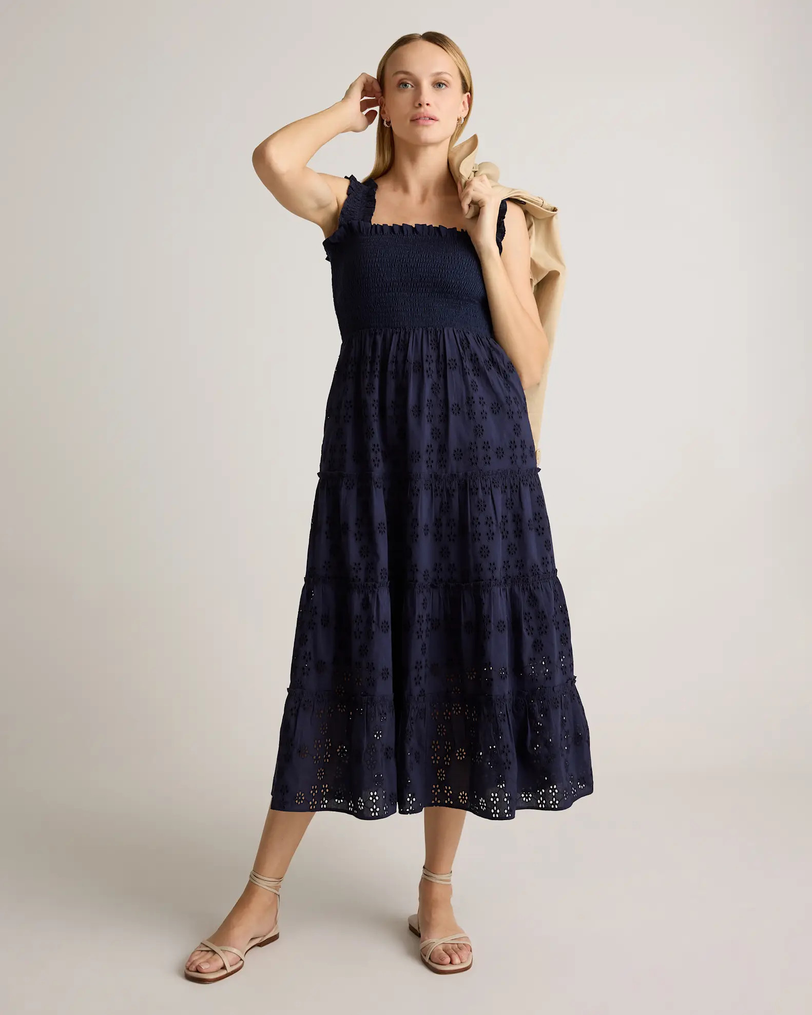 100% Organic Cotton Eyelet Smocked Midi Dress in Navy | Quince