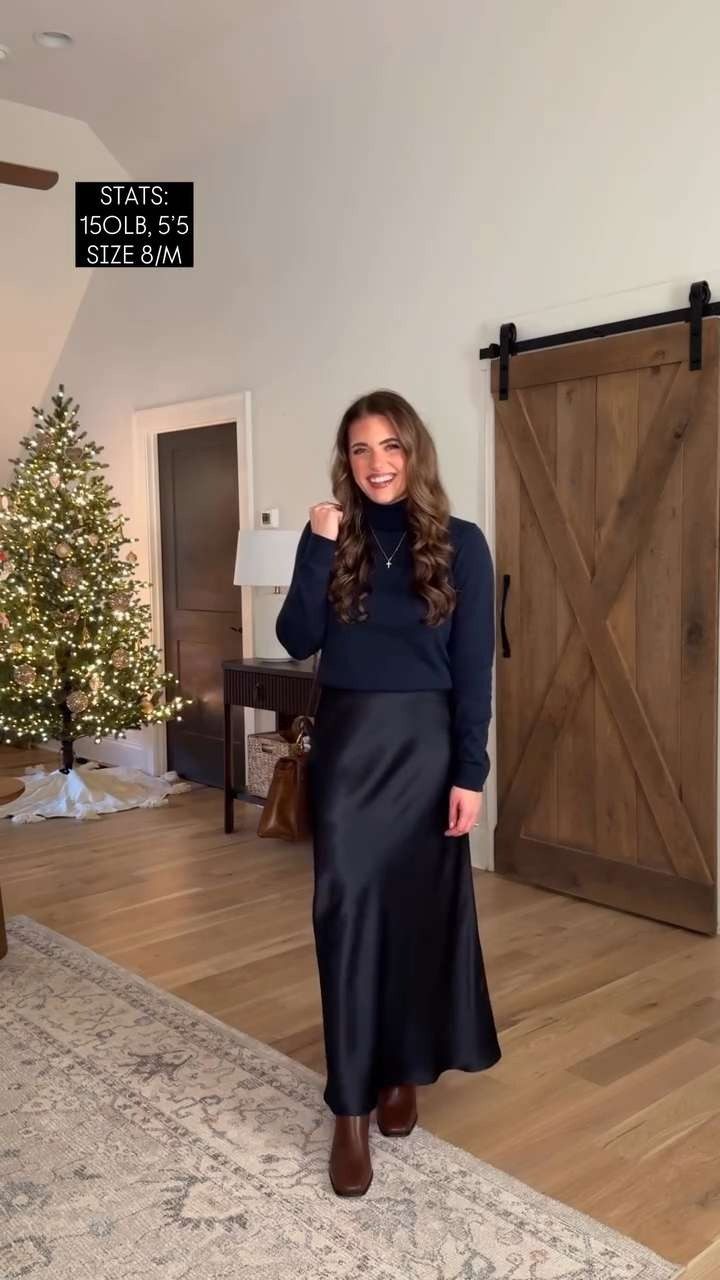 Prettiest holiday outfit! Navy blue satin midi skirt sized up 1 to L. (stretchy, comfy waist) & Navy blue turtleneck TTS - M. My waist 29”, hips 40”, & bust 36.5”. Sized up 1/2 size in tall boots for socks. Lip color sugey girl liner + desire gloss 

 #LTKHoliday #LTKgrwm #LTKootd