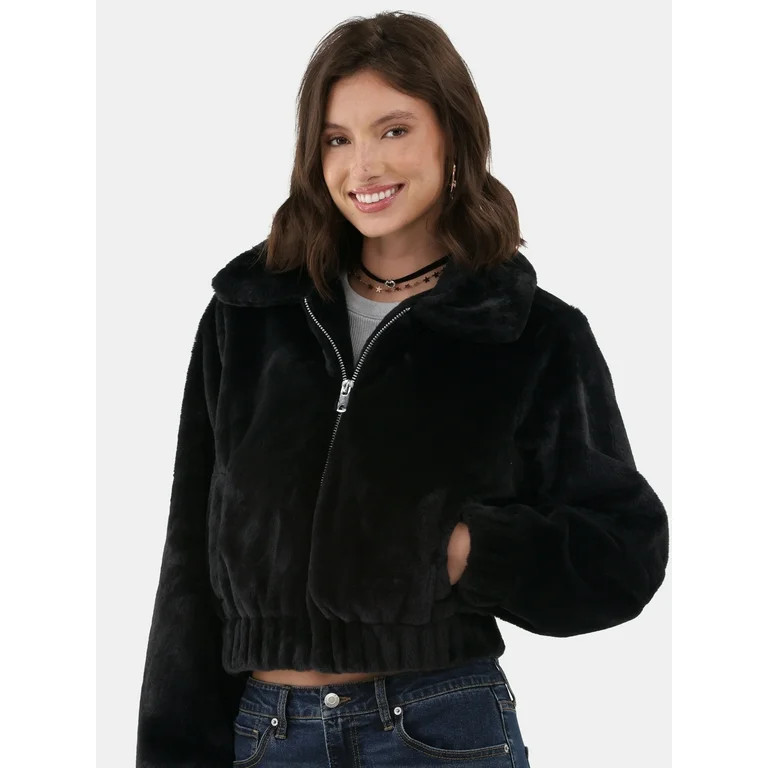 No Boundaries Faux Fur Bomber Jacket, Women's and Women's Plus - Walmart.com | Walmart (US)