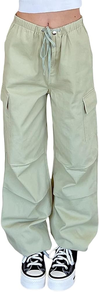 WOBONIU Baggy Parachute Pants for Women Drawstring Elastic Low Waist Ruched Cargo Pants Multiple ... | Amazon (US)