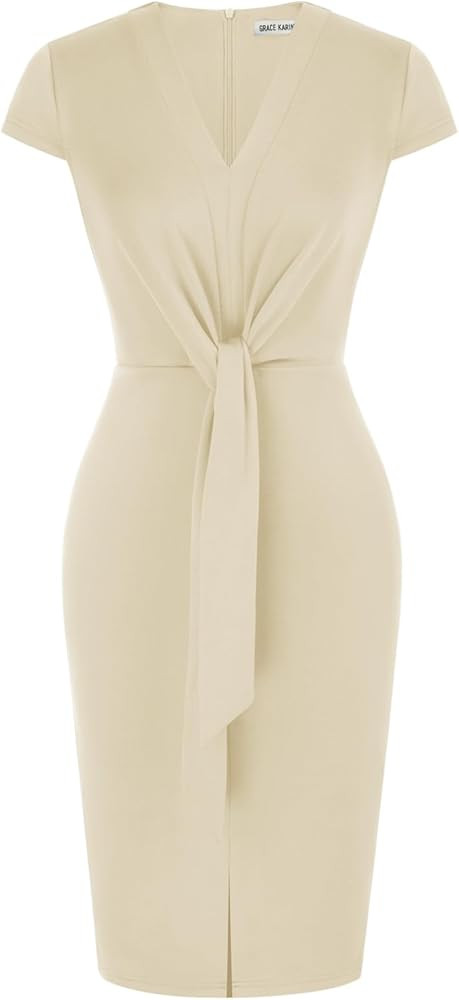 GRACE KARIN Women's Summer Midi Dresses Cap Sleeve Tie Waist Work Dress Slit V-Neck Bodycon Dress... | Amazon (US)