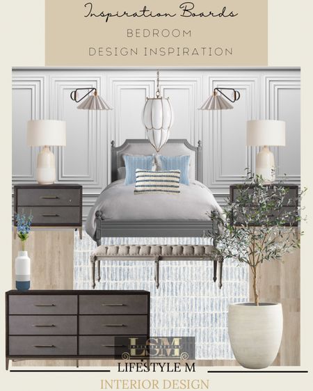 Master bed room design inspiration. Recreate the look. Shop below. Bed room rug, dresser, planter, faux tree, bench, bed frame, table vase, table lamp, night stand, throw pillows, wall sconce light, bed room chandelier. 

#LTKstyletip #LTKhome #LTKSeasonal