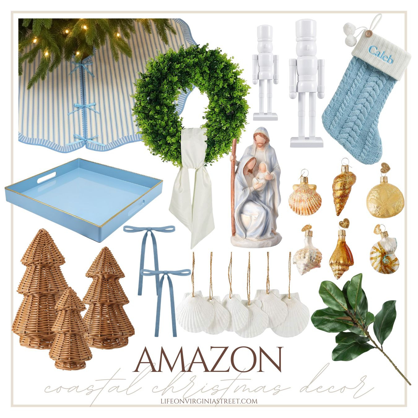 Light blue coastal Christmas decor from Amazon! Perfect for coastal or grandmillennial decorating styles. nativity scene, boxwood wreath with sash, seashell ornaments, woven Christmas trees, cable knit stockings, coastal tree skirt #ltkholiday #ltkhome #ltkseasonal #ltksalealert #ltkfindsunder50 #ltkfindsunder100 

 #LTKHoliday #LTKHome #LTKSaleAlert