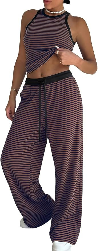 EXLURA Womens Cotton Summer 2 Piece Outfits Striped Halter Tops Matching Wide Leg Pant Sets Loung... | Amazon (US)