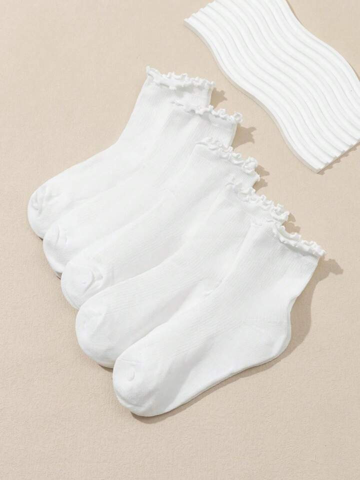 5 Pairs Women's Versatile Comfortable Pure White Ruffle Trim Ankle Socks | SHEIN
