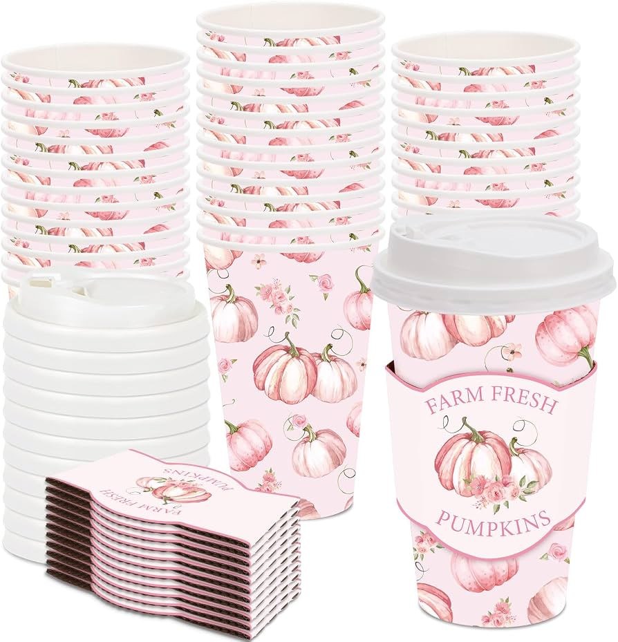 48 Set Little Pumpkin Disposable Coffee Cups with Lids and Sleeves Pink Pumpkin Flower Paper Cups... | Amazon (US)