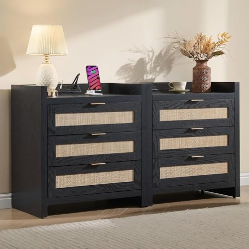 SICOTAS Nightstands Set of 2 Bedside Table - Larger Rattan Night Stand with Type-C Charging Station, 3 Drawers Storage - Boho Tall Night Stands End Table for Bedroom Office - Black Oak | Amazon (US)