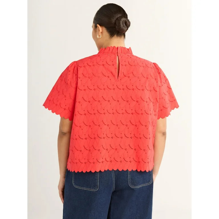 Free Assembly Women's Ruffle Cotton Eyelet Top with Short Sleeves, Sizes XS-4X | Walmart (US)