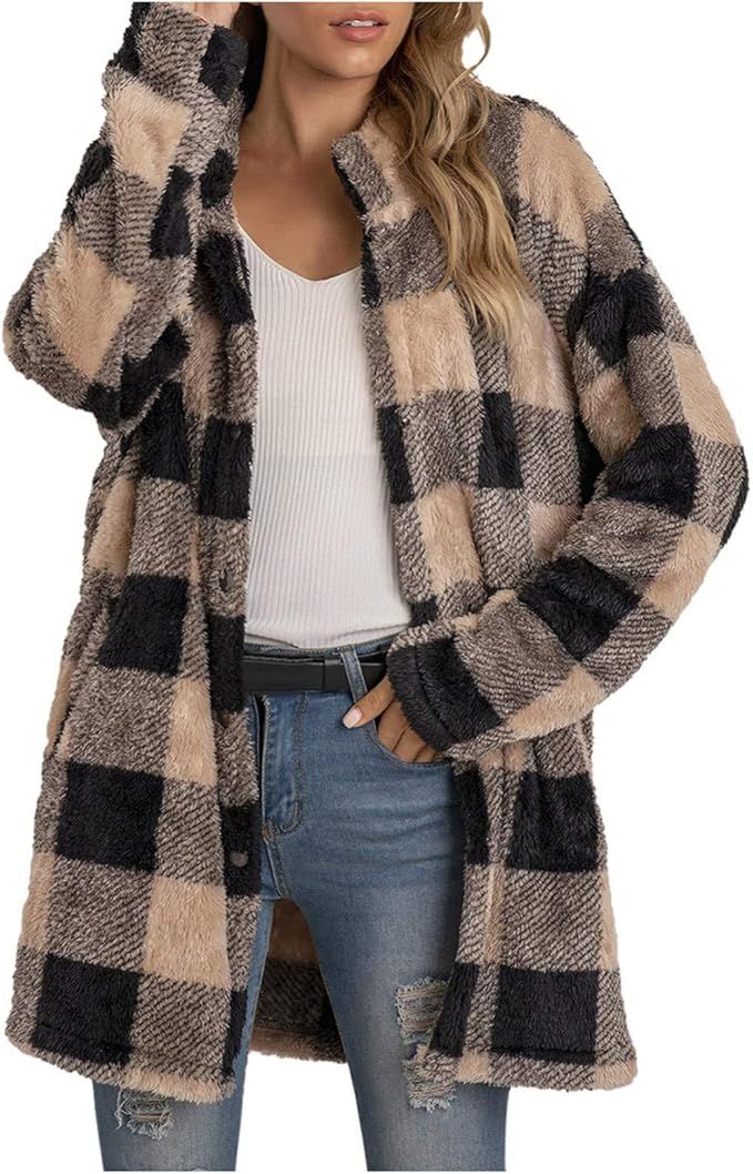 Women's Casual Christmas Plaid Jacket Long Sleeve Buttons Plush Cardigan Winter Warm Lapel Trench... | Amazon (US)