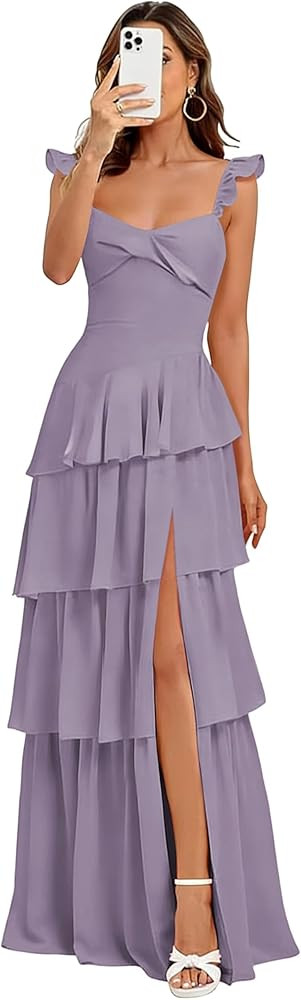 Tiered Spaghetti Straps Chiffon Bridesmaid Dresses Long 2026 Ruffle Formal Evening Dresses AS044 | Amazon (US)