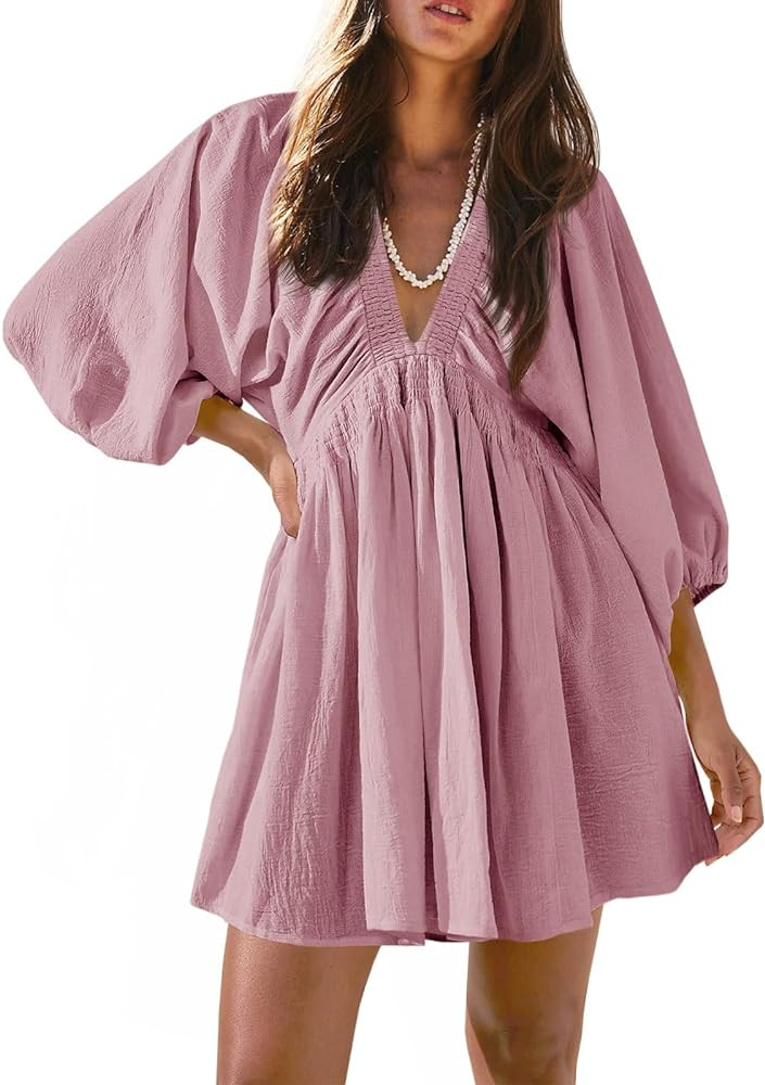 Fisoew Women's Long Sleeve Mini Dresses Deep V Neck Loose Swing Beach A Line Dress with Pockets | Amazon (US)