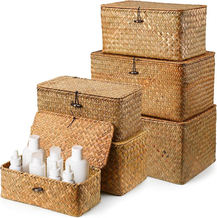 Kigley 6 Pcs Seagrass Basket with Lid Wicker Storage Decorative Boxes with Lids Bin Woven Organiz... | Amazon (US)