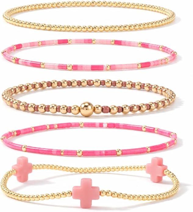 Gold Beaded Cross Bracelet for Women, 14K Plated Adjustable Stackable Dainty Bracelets, Non Tarni... | Amazon (US)