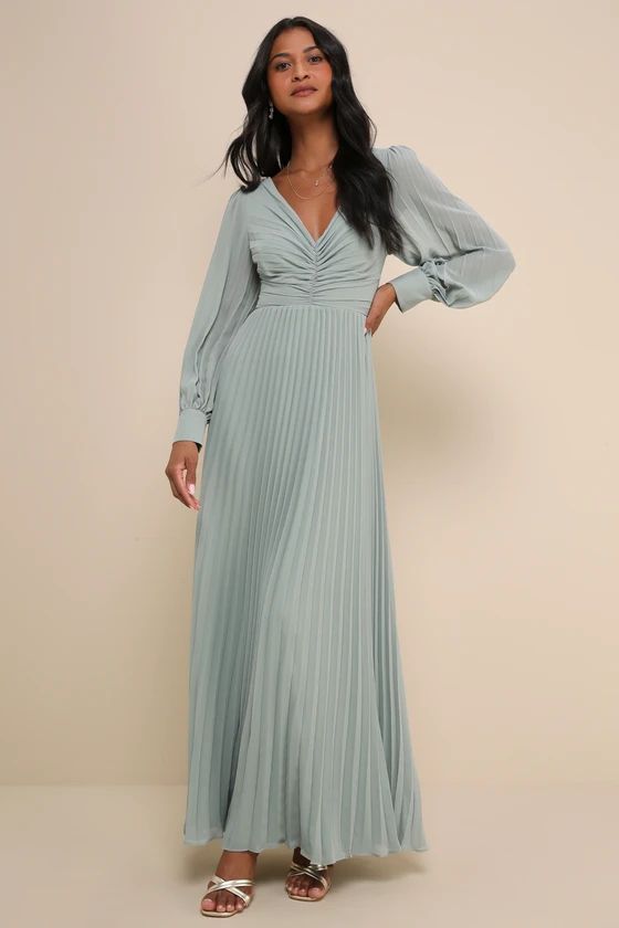 Sophisticated Grace Sage Green Pleated Long Sleeve Maxi Dress | Lulus