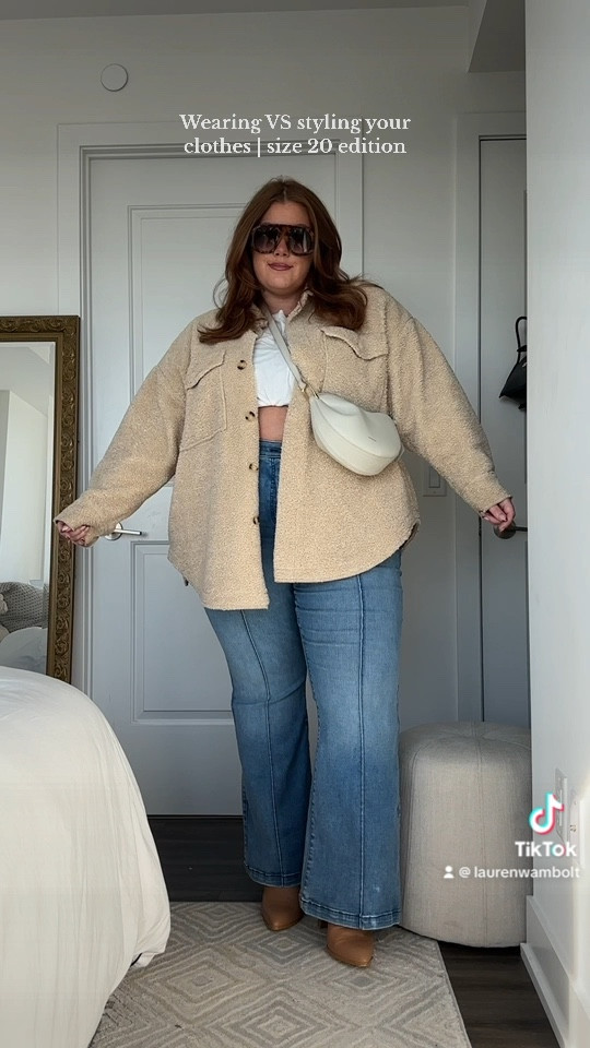 Wearing vs styling your clothes: size 20 edition. Love love love this shearling shacket for fall! 

Jeans are a size 20
Shacket is a 2x/3x

Fall outfit, plus size denim, jeans, weekend outfit, brunch outfit

#LTKplussize #LTKstyletip #LTKSeasonal