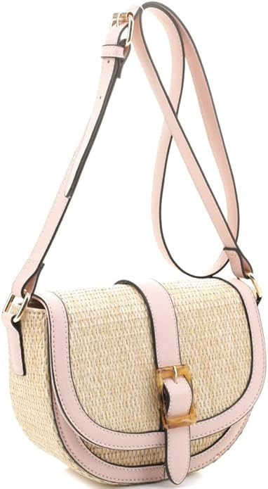 Womens Classy Straw Rattan Vegan Leather Flap Saddle Satchel Flap Crossbody Purse Bag | Amazon (US)