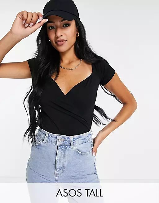 ASOS DESIGN Tall short sleeve off shoulder bodysuit with wrap front in black | ASOS (Global)