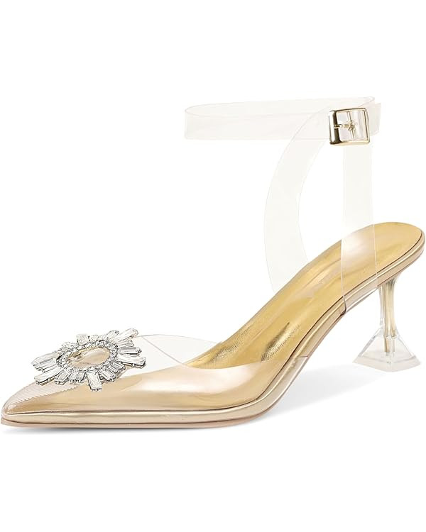 Fericzot Women's Clear Heels Shoes,Slingback Crystal Rhinestones Wedding Pointed Toe Shoes High H... | Amazon (US)