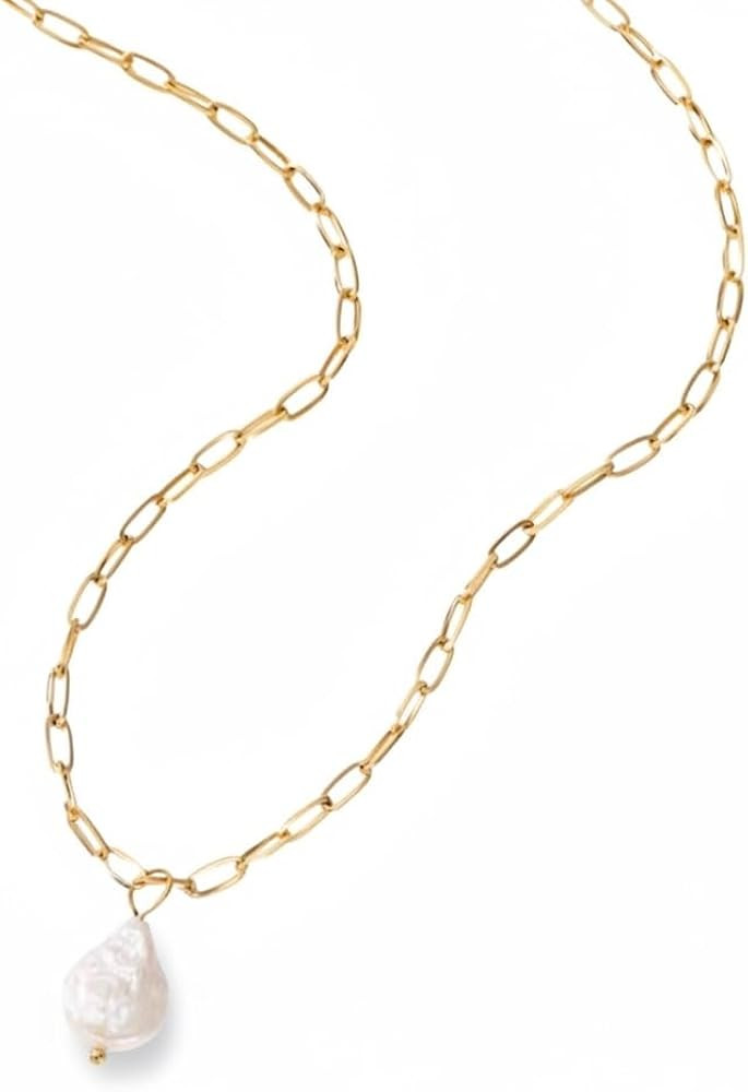 14K Yellow Gold Plated Baroque Pearl Pendant Necklace for Women, Gold Paperclip Chain, White Fres... | Amazon (US)